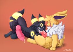 bagu balls big_ears big_knot big_penis black_body black_fur blush bodily_fluids canid canine cum cum_in_mouth cum_inside cum_on_penis duo eeveelution feral fur generation_1_pokemon generation_2_pokemon genital_fluids genitals glowing hi_res jewelry jolteon knot looking_at_another lying male male/male male_only mammal necklace nintendo nude oral penis pokemon pokemon_(species) precum sex sitting umbreon yellow_body yellow_fur