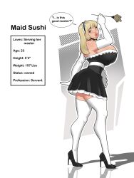 bimbo bimbo_lips blonde_hair breast_expansion breasts_bigger_than_head duster english_text feather_duster high_heels hourglass_figure huge_breasts implied_transformation kneesocks looking_back maid maid_headdress maid_uniform original_character puffy_lips puffygirl1 stockings submissive_female sushi_(puffygirl1) text wide_hips