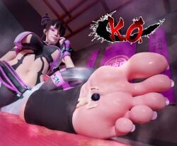 1boy1girl 3d 3d_(artwork) aswababa barefoot big_feet bodypaint clothed clothed_female clothed_female_nude_male clothing exposed_stomach feet female fingerless_gloves foot_fetish foot_focus giantess highres juri_han k.o. large_breasts larger_female larger_female_smaller_male lipstick lollipop long_toenails looking_at_partner looking_down low-angle_view male mascara nail_polish painted_nails pink_nails pink_toenails short_hair sideboob size_difference smaller_male smelly_feet soles steamy_feet stirrup_legwear street_fighter street_fighter_6 stuck_to_foot sweaty_feet toeless_legwear toenail_polish toenails toes