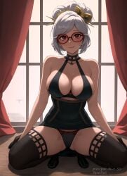 2023 ai_generated big_breasts blush breasts cleavage cosplay crossover crossover_cosplay female female_only glasses looking_at_viewer nai_diffusion nintendo panties pixiv_username purah purah_(tears_of_the_kingdom) red_eyes round_glasses short_hair solo spy_x_family stable_diffusion tears_of_the_kingdom the_legend_of_zelda white_hair yor_briar_(cosplay)