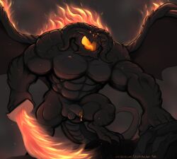 2_horns 3_toes 4_fingers abs absurd_res anthro balls balrog_(the_lord_of_the_rings) biceps black_body black_nipples black_skin bodily_fluids chest_scar demon dudebulge feet fingers fire fire_sword genital_fluids genitals glowing glowing_mouth hi_res holding_object holding_sword holding_weapon horn j._r._r._tolkien long_tail male male_only melee_weapon middle-earth_(tolkien) muscular muscular_anthro muscular_male nipples non-mammal_balls non-mammal_nipples nude open_mouth orange_eyes penis precum scar solo sword tail the_lord_of_the_rings toes weapon wings