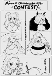 5girls big_breasts black_and_white charlotte_amande charlotte_anana charlotte_galette charlotte_pudding charlotte_smoothie clothed female female_only one_piece only_female panels sign thanuki thanukiart