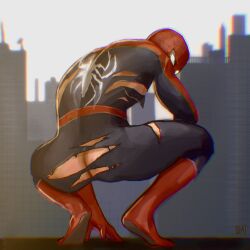 adaptabel ass butt city crouching looking_at_viewer looking_back male male_only marvel muscles muscular muscular_male peter_parker ripped_clothing ripped_pants smooth_skin spider-man teasing