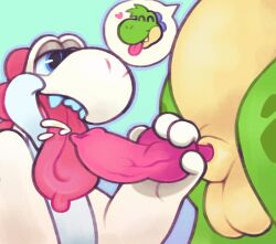 ambiguous_gender animal_genitalia animal_penis anthro balls bodily_fluids canine_genitalia canine_penis captchevron cum cutaway duo ejaculation expression_cutaway fan_character genital_fluids genitals green_body half-closed_eyes handjob hi_res knot knot_grab male male/ambiguous mario_(series) narrowed_eyes nintendo penile penis sex sheath teeth_showing tongue tongue_out vein veiny_penis white_body yoshi