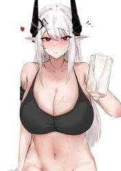 absurdres arknights bare_shoulders beer_mug black_sports_bra blush breasts cleavage closed_mouth collarbone cum cum_in_container cup earrings female heart highres holding holding_cup horns jewelry large_breasts long_hair looking_at_viewer machan mudrock_(arknights) mug navel oripathy_lesion_(arknights) pointy_ears red_eyes simple_background smile solo sports_bra sweat upper_body very_long_hair white_background white_hair