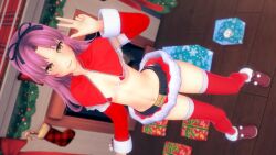 3d belly christmas eiyuu_densetsu koikatsu krebskulm legs_apart navel peace_sign purple_hair renne_(eiyuu_densetsu) renne_bright santa_costume sen_no_kiseki smile standing yellow_eyes