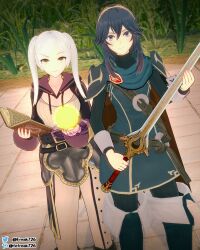 2girls 3d blue_eyes blue_hair book breasts brown_eyes falchion_(fire_emblem) fefreak726 female female_only fire_emblem fire_emblem_awakening long_hair looking_at_viewer lucina_(fire_emblem) magic magic_circle medium_breasts medium_hair multiple_girls nintendo outdoors raised_eyebrow robin_(fire_emblem) robin_(fire_emblem)_(female) smile smug sword symbol-shaped_pupils tiara twintails weapon white_hair