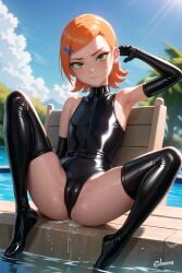 1girls ai_generated ben_10 black_one-piece_swimsuit black_swimsuit cameltoe cartoon_network cum eye_contact female female_only green_eyes gwen_tennyson latex latex_gloves latex_leotard latex_stockings latex_swimsuit leaking_cum ltxdiffusion one-piece_swimsuit orange_hair pool short_hair solo solo_female spread_legs stable_diffusion swimming_pool swimsuit turtleneck water