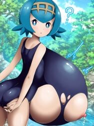 alternative_bust_size areolae ass bangs blue_eyes blue_hair breast_expansion breasts day erect_nipples eyebrows_visible_through_hair eyelashes female gigantic_breasts gold_hairband hair_ornament hairband huge_breasts human lana_(pokemon) matching_hair_and_eye_color mob_face nintendo nipples norio_(pheromosa_times) one-piece_swimsuit open_mouth pokemon pokemon_sm shiny shiny_hair shiny_skin short_blue_hair short_hair solo swimsuit torn_clothes torn_swimsuit trial_captain