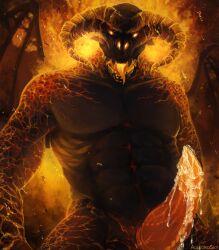 2_horns abs allegrosky anthro balrog_(the_lord_of_the_rings) bodily_fluids cum cum_on_penis demon fire genital_fluids genitals hi_res horn j._r._r._tolkien looking_at_viewer male male_only middle-earth_(tolkien) nude orange_penis penis solo the_lord_of_the_rings tongue tongue_out wings