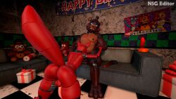 2boys 3d_(artwork) animatronic anthro ass balls bear bow_tie brown_body canid canine checkered_floor clothing digital_media_(artwork) dildo duo fellatio five_nights_at_freddy's five_nights_at_freddy's_2 fox foxy_(fnaf) freddy_(fnaf) furniture gay gay_blowjob genitals gift hand_holding hat headgear headwear hi_res machine male male/male male_penetrated male_penetrating male_penetrating_male mammal multicolored_body nipples nsg_editor nude oral oral_penetration penetrable_sex_toy penetration penile penis plushie red_body robot scottgames sex sex_toy sofa source_filmmaker tail two_tone_body yaoi