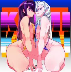 2girls artist_request bikini black_hair female female_focus female_only kawai_rami komi-san_wa_komyushou_desu komi_shouko light-skinned_female light_skin long_hair looking_at_viewer multiple_girls tngkbmarlon white_hair young younger_female