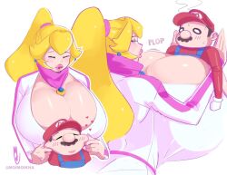 1boy 1girls bandana big_lips biker_clothes biker_peach blonde_hair blush bodysuit breast_grab breasts_bigger_than_head cleavage cleavage_cutout cleavage_overflow clothing crown cuddling dominant_female earings earrings female flustered gigantic_breasts gold_crown gold_jewelry huge_breasts human hyper_breasts is_mario_okay? large_breasts light-skinned_female light_skin lips lipstick long_hair male/female mario mario_(series) mario_kart moimoikha nintendo pale_skin pinching_cheeks pink_lips pink_lipstick pinned pinned_to_wall plop princess_peach seductive_smile signature size_difference smiling stuck_between_breasts super_mario_bros._(2023_film) sweating thick_lips tight_clothing watermark white_background