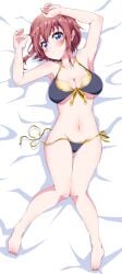 1girls alice_gear_aegis armpits arms_up bangs bed bikini blue_eyes blush cleavage collarbone eggman_(pixiv28975023) female kanagata_sugumi knees_together_feet_apart light-skinned_female light_skin looking_at_viewer lying lying_on_back lying_on_bed medium_breasts midriff navel red_hair short_hair solo untied_panties