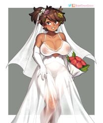 1girls amphibia amphibia_(finale) anne_boonchuy big_breasts bouquet bride brown_hair clothed clothing dark-skinned_female dark_skin disney dress female female_focus female_only huge_breasts implied_marriage leaf leaf_on_head looking_at_viewer nipples nipples_visible_through_clothing no_bra solo suavicreamdraws thick_thighs wedding_dress wide_hips