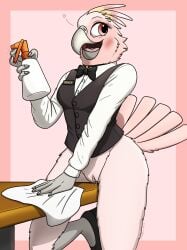 absurd_res anthro aroused avian bird black_tie_(suit) blush bodily_fluids bottomless bottomless_female bow_tie clothed clothing cockatoo cute_expression dress_shirt female fish_birb footwear furniture genital_fluids genitals heart hi_res high_heels jenny_(fish_birb) major_mitchell's_cockatoo on_table parrot pussy pussy_juice shirt solo spray_bottle suit table tablecloth topwear vest waiter waiter_suit