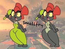 anthro areola bodysuit breasts clothed clothing cutlery eyelashes female genitals green_areola green_nipples hair hi_res octo_toaster salmonid smallfry_(splatoon) splatoon