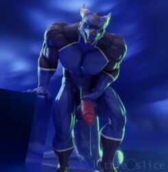 3d_(artwork) anthro balls blender_cycles blue_eyes bodily_fluids digital_media_(artwork) dragon dripping genital_fluids genitals hi_res holding_balls holding_penis horn leaning_on_object littleslice-sfm looking_at_viewer male muscular muscular_male penis precum precum_drip solo standing tail wao_(e-zoid)