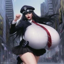 ai_generated big_breasts black_hair blouse collared_shirt fully_clothed gigantic_breasts huge_breasts hyper hyper_breasts maggie_bluxome_(artist) massive_breasts pale_skin police police_uniform policewoman second_life short_skirt stable_diffusion violet_eyes