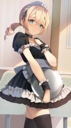 1girls apron bangs black_legwear blonde_hair blue_eyes blush breasts cowengium frills hair_between_eyes holding_tray hololive hololive_japan holox kazama_iroha looking_at_viewer maid maid_apron maid_headdress maid_uniform ponytail small_breasts solo thighhighs tray twintails virtual_youtuber