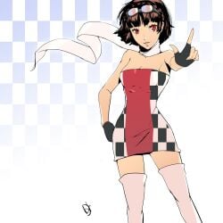 1girls breasts brown_hair checkered_dress dh_(brink_of_memories) dress fingerless_gloves glasses glasses_on_head gloves looking_at_viewer makoto_niijima medium_breasts persona persona_5 race_queen red_eyes scarf short_hair thighhighs white_scarf