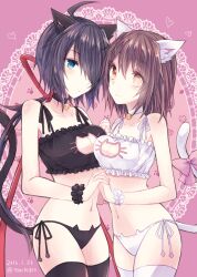 2girls bell bell_choker black_bra black_hair black_lingerie black_panties blue_eyes bra breasts brown_hair cat_bell cat_ears cat_keyhole_bra cat_keyhole_lingerie cat_lingerie cat_tail choker cleavage_cutout clothing_cutout fake_animal_ears fake_tail furutaka_(kantai_collection) hair_ribbon holding_hands kabocha_torute kako_(kantai_collection) kantai_collection lingerie looking_at_viewer medium_breasts midriff navel orange_eyes panties short_hair thighhighs torute white_bra white_lingerie white_panties wrist_scrunchie yuri