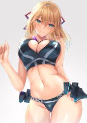 1girls bikini blonde_hair blue_bikini blue_swimsuit breasts cleavage_cutout clothing_cutout daggers fiora_(xenoblade) green_eyes hair_ornament inoue_takuya_(pixiv_99697) large_breasts looking_at_viewer medium_hair midriff navel necklace nintendo swimsuit weapon xenoblade_(series) xenoblade_chronicles