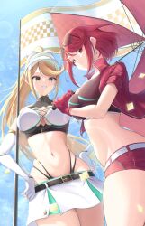 2girls belt beltskirt black_panties blonde_hair booth_babe breasts checkered_flag clouds crop_top cropped_jacket earrings elbow_gloves female female_only fingerless_gloves flag fully_clothed gloves hand_on_hip hat highleg highleg_panties holding_umbrella jacket large_breasts looking_at_viewer mythra nintendo okazu2010015 panties ponytail pyra race_queen red_crop_top red_eyes red_hair red_jacket red_shorts revealing_clothes short_hair shorts skirt sky sunglasses sunglasses_on_head umbrella visor_cap white_crop_top white_skirt xenoblade_(series) xenoblade_chronicles_2 yellow_eyes