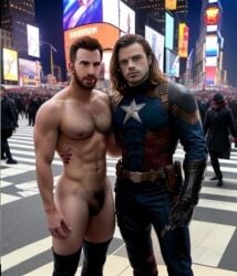 abs actor ai_generated bara bara_tiddies brown_hair bucky_barnes captain_america celebrity chest_hair chris_evans clothed_male_nude_male cmnm cosplay couple cybernetic_arm cybernetic_limb fakes gay hugging_each_other human human_only in_character ken_doll_anatomy large_pectorals light-skinned_male light_skin long_hair male male_only marvel marvel_cinematic_universe muscular public public_nudity romantic sebastian_stan short_hair steve_rogers street superhero superhero_costume times_square winter_soldier yaoi