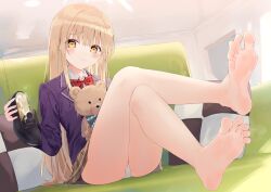 bare_legs barefoot blonde_hair blush crossed_legs cum cum_in_footwear feet foot_focus kou_futoshi otonari_no_tenshi-sama_ni_itsu_no_mani_ka_dame_ningen_ni_sarete_ita_ken panties pillow school_uniform shiina_mahiru skirt soles stuffed_animal stuffed_toy sweat teddy_bear underwear uniform white_panties yellow_eyes