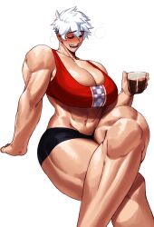 1girls big_breasts blush cleavage closed_eyes crossed_legs dragon_ball drunk female female_only heavy_blush holding_glass kei_(subway_gorilla) muscles muscular muscular_female original_character saiyan short_hair short_white_hair shounen_jump sitting smile solo sotcho very_high_resolution white_background white_hair