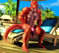 2023 2_penises 3d_(artwork) abs anthro artist_name athletic athletic_anthro athletic_male beach biceps big_penis chair claws detailed_background digital_media_(artwork) diphallia diphallism feet fingers flaccid forked_tongue furniture genitals long_tail looking_at_viewer lounge_chair male multi_genitalia multi_penis multicolored_body multicolored_scales muscular muscular_anthro muscular_male muscular_thighs outside pecs penis red_body red_eyes red_scales reptile scales scalie sea seaside sitting snake solo source_filmmaker sunbed tail toe_claws toes tongue tongue_out two_tone_body two_tone_scales viper-desires water watermark