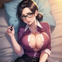 1girls ai_generated bed big_breasts black_hair boob_window cixf female female_only glasses huge_breasts lying_on_back miss_pauling open_shirt purple_shirt solo stable_diffusion team_fortress_2 tf2