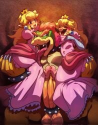 3boys ball_bulge balls blonde_hair blue_eyes blush bowser bulge cock_ring cosplay crossdressing crossover crossplay crown drcockula dress earrings erection fangs hi_res licking lifting_person long_hair long_penis looking_at_viewer luigi male male_only mario_(series) moustache multiple_boys nintendo open_mouth penis pink_dress pointy_ears princess_peach_(cosplay) smiling smiling_at_viewer spiked_bracelet spiked_cock_ring spiked_collar the_legend_of_zelda tongue_out voluptuous