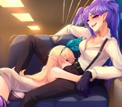 1futa 1girls bent_over big_breasts blonde_hair breasts bulge bulge_in_face chair cleavage clothed clothing cock_hungry cock_worship dress duo elf face_in_crotch female femsub fully_clothed futa_on_female futa_with_female futanari gloves heterochromia humanoid light-skinned_female light-skinned_futanari light_skin long_hair nijisanji nijisanji_en nuzzling pointy_ears pomu_rainpuff ricegnat selen_tatsuki sitting suspenders virtual_youtuber