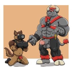 2boys abs anthro anthro_on_anthro beard biceps big_muscles bondage bondage_gear bondage_gloves bottomwear bound bovid bovine brown_body brown_fur canid canine canis cattle chaps chastity_cage chastity_device clothed clothing collar domestic_dog dominant dominant_anthro dominant_male duo erection facial_hair flaccid fur gag gagged gay genitals grey_body grey_skin hair harness hooves horn huge_muscles humanoid_genitalia humanoid_penis interspecies key kneeling larger_male leash leather leather_daddy male male/male mammal musclegut muscular muscular_male muzzle_(object) muzzled nipples orgasm_denial pants pecs penis petplay puppyplay red_hair roleplay size_difference smaller_male smile standing submissive submissive_anthro submissive_male topless unknown_artist