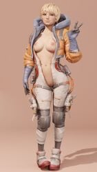 3d 3ddeed apex_legends blonde_hair breasts cute lichtenberg_figure open_clothes open_jacket orange_jacket peace_sign scar scars short_hair smile solo solo_female vagina wattson_(apex_legends)