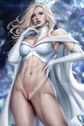 ayyasap bikini_tan blue_eyes emma_frost looking_at_viewer marvel marvel_comics pussy shaved_pussy white_hair x-men