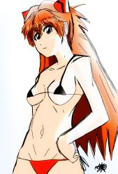 asuka_langley_sohryu bare_shoulders bikini black_bikini blue_eyes breasts day female highres long_hair medium_breasts neon_genesis_evangelion non-web_source red_hair sky solo souryuu_asuka_langley standing stomach swimsuit thighs