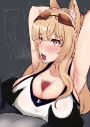 1girls 2023 animal_ears arknights armpits arms_up big_breasts blonde_hair blush boobjob breast_grab breasts censored heart hi_res horse_ears light-skinned_female light_skin meepy741_(artist) nearl_(arknights) open_mouth paizuri solo sunglasses sunglasses_on_head swimwear