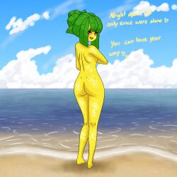 ass beach blushing breasts english_text green_hair lewd_niyarts looking_at_viewer looking_back nude red_eyes