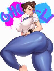 1girls ass barefoot big_breasts blush brown_hair capcom chun-li erect_nipples_under_clothes female female_only hair_bun looking_at_viewer nipple_bulge orange_eyes smiling smiling_at_viewer solo sren244 street_fighter street_fighter_6 thick_thighs twin_buns very_high_resolution