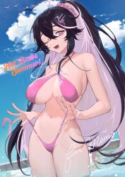 1girl 1girls ;d bangs bare_shoulders belly_button bikini black_hair blue_sky blush breasts brown_hair cleavage cloud clouds criss-cross_halter day female female_only hair_between_eyes hair_ornament hair_scrunchie halterneck highleg highleg_bikini large_breasts light-skinned_female light_skin long_hair looking_at_viewer momotexx_(vtuber) navel ocean one_eye_closed open_mouth outdoors outside pink_bikini ponytail purple_eyes red_eyes scrunchie side-tie_bikini signature sky smile solo swimsuit thighs untied very_long_hair virtual_youtuber vyugen water wink yoimon