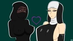 2girls animated big_breasts bouncing_breasts dark-skinned_female female female_only hijab markharvest multiple_girls muslim muslim_female nun nun_outfit original original_character sideboob sound tagme video