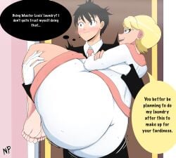 2023 2boys big_ass big_butt blonde_hair blue_eyes blush blushing_male boss_and_subordinate butler carrying carrying_another dialogue english_dialogue english_text femboy gay huge_ass huge_butt louis_masterson male_only master_and_servant nataliebum25 servant thick_thighs thought_bubble