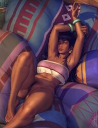 barefoot black_hair bottomless brown_eyes brown_skin chel chel_(the_road_to_el_dorado) dark-skinned_female dark_skin krysdecker looking_at_viewer pubic_hair pussy the_road_to_el_dorado vagina