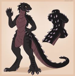 1girls 2017 anthro arm_raised arm_up back_spikes black_body black_scales black_skin body_spikes clawed_feet clawed_fingers clawed_hands clawed_toes crocodile_skink digitigrade eyelashes female female_only flat_chest flat_chested hand_up long_tail looking_to_the_side no_breasts one_arm_raised one_arm_up one_hand_raised one_hand_up open_mouth orange_eyes orange_sclera pink_belly reference_sheet retile royalty_(artist) scalie shoulder_spikes simple_background skink solo spiked_back spiked_body spiked_shoulders spiked_tail spikes spiky_back spiky_body spiky_shoulders spiky_tail spines tail_on_ground tail_spikes tail_spines toe_claws white_claws white_spikes