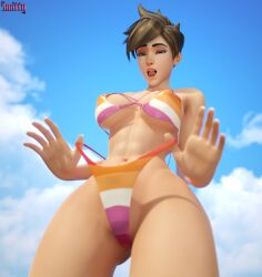 1girls 3d abs bedroom_eyes bikini bikini_bottom bikini_top blender_(software) female female_only lesbian lesbian_pride_bikini lesbian_pride_colors lgbt_pride licking_lips low-angle_view overwatch pride_color_clothing pride_colors pulling_bikini_string smitty34 solo tagme thick_thighs tracer voluptuous voluptuous_female wide_hips