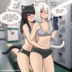 1futa 1girls after_workout animal_ears belly black_hair blush bra breasts bulge bulge_grab bulge_through_clothing cat_ears cat_tail catgirl clothed clothing dbagdraws detailed_background dialogue duo english_text female fluffyearedfox futa_on_female futanari hand_in_underwear humanoid kemonomimi light-skinned_female light-skinned_futanari light_skin locker_room long_hair looking_at_another mia_(dbagdraws) molly_(dbagdraws) partially_clothed shorts small_breasts sound_effects speaking standing sweat sweatdrop text text_bubble thighs white_hair workout_clothes