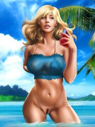 beach blonde_hair blue_eyes bottomless dc kara_zor-el killbiro nude pubic_hair pussy supergirl